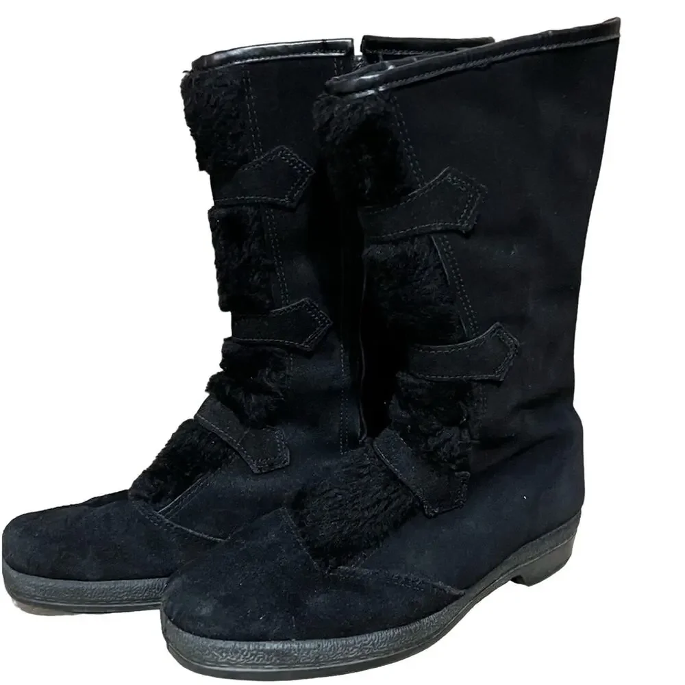 Yodelers black faux fur winter boots Vintage size 8 fuzzy and warm